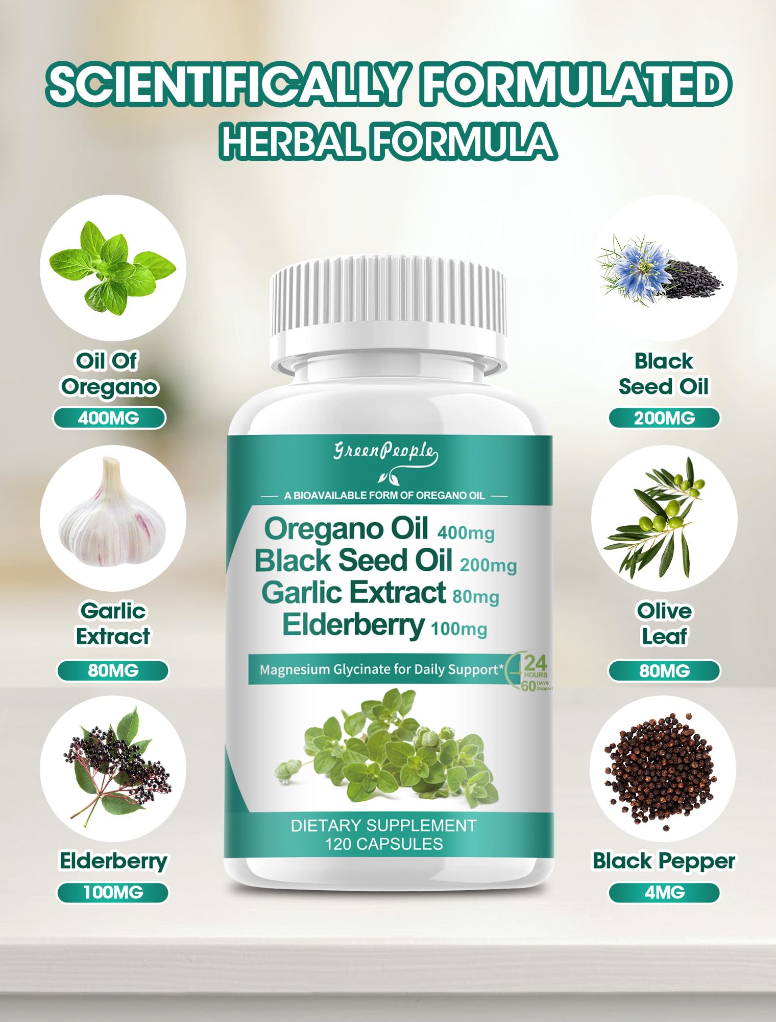 GreenPeople 11-in-1 herbal matrix supplement bottle displaying ingredient facts including elderberry and garlic extract.