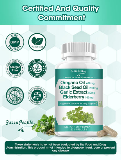 GreenPeople oregano leaf extract supplement showing bioavailability details with black pepper and magnesium for superior absorption.