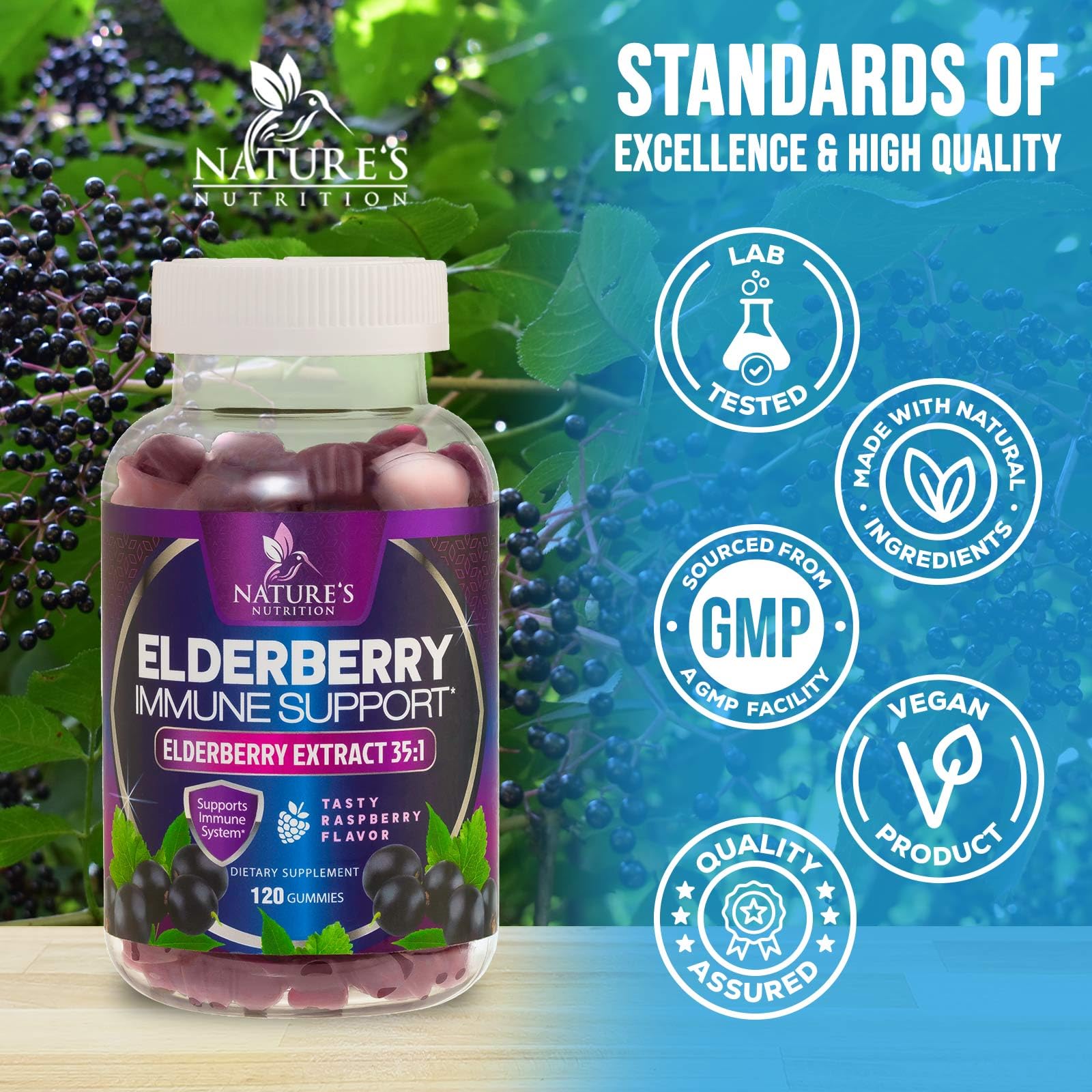 Imported USA premium immune support gummy vitamins container displayed on a clean surface.