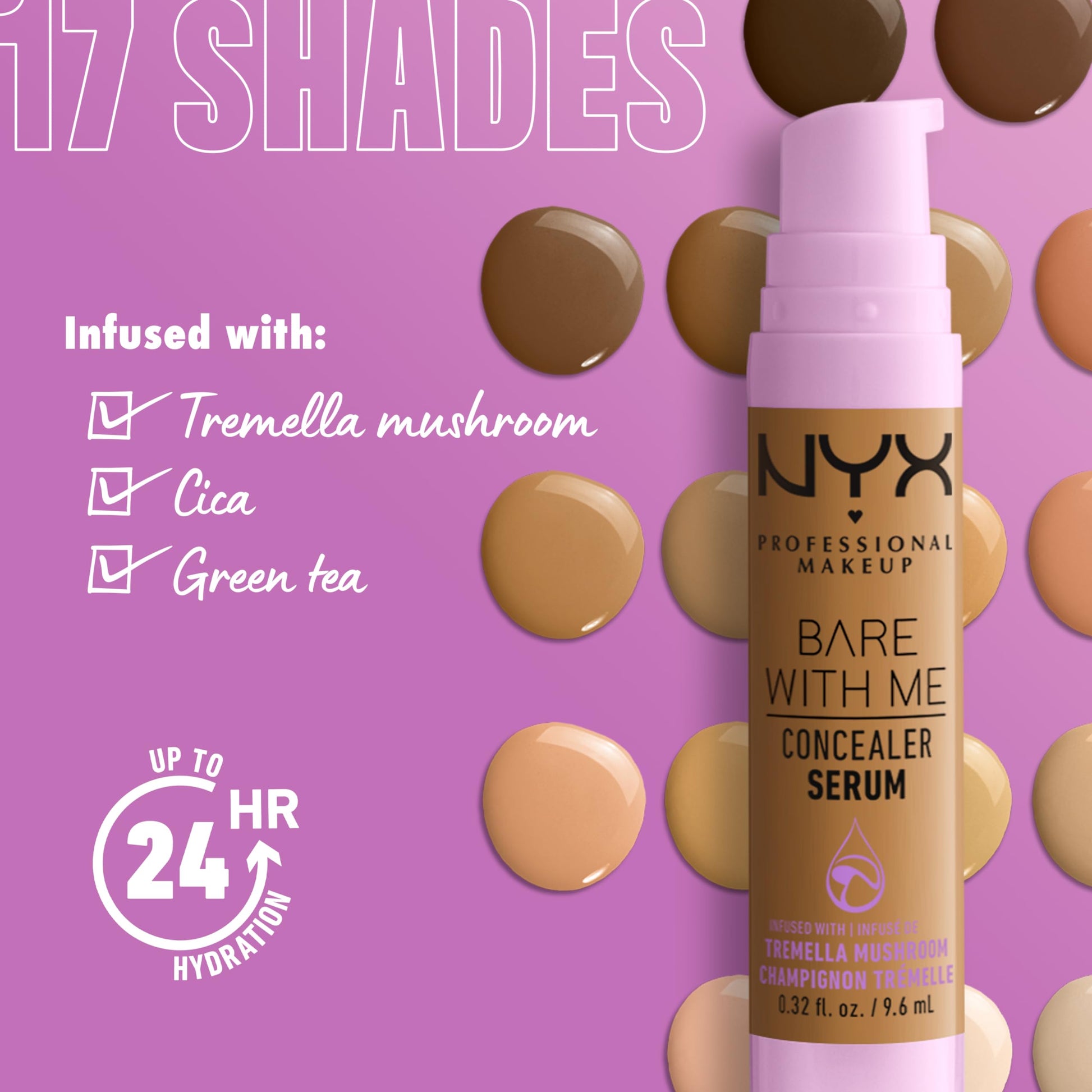 Vegan and cruelty free hydrating makeup serum bottle with ingredient graphics