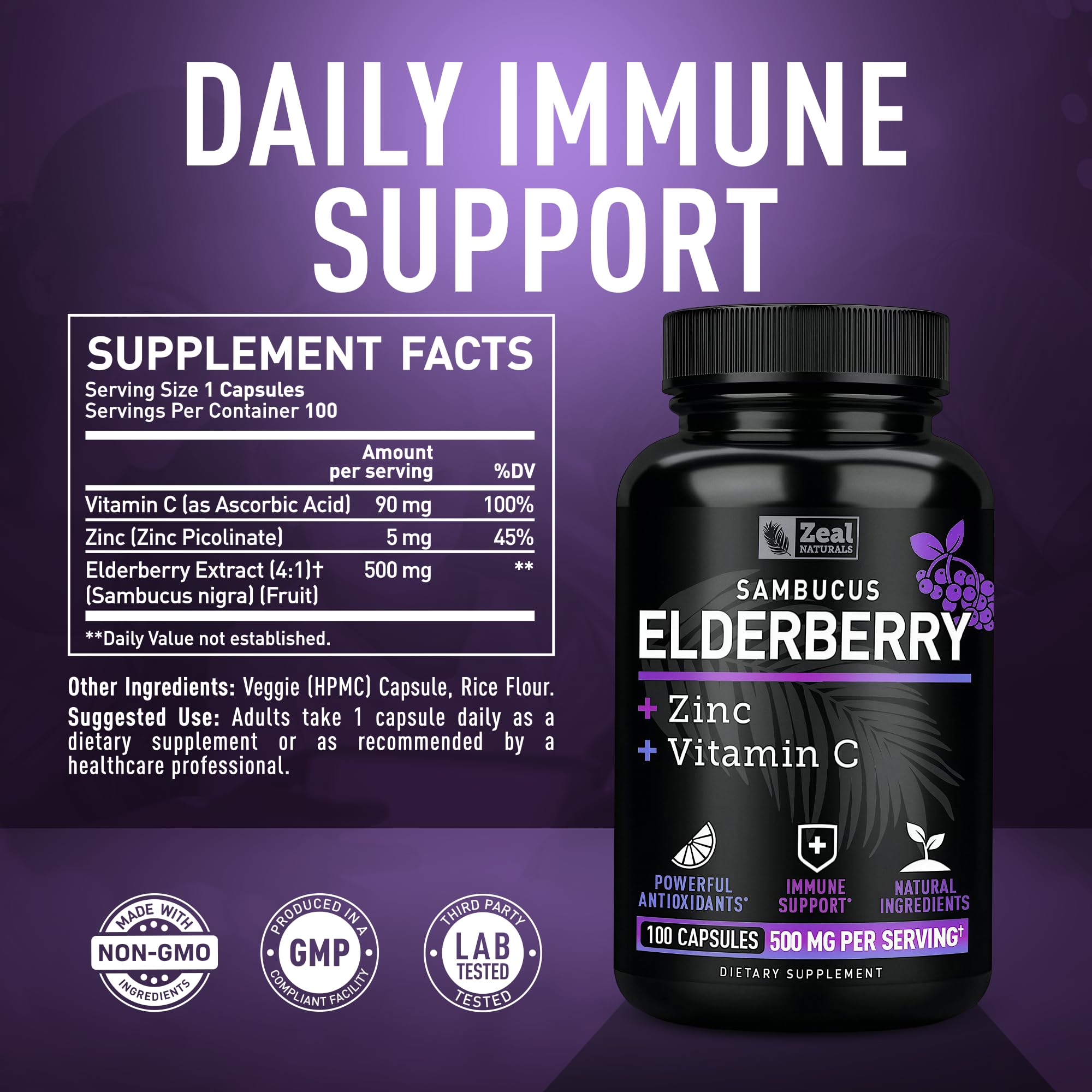 Zeal Naturals Elderberry supplement bottle illustrating the three-in-one immunity blend labels.