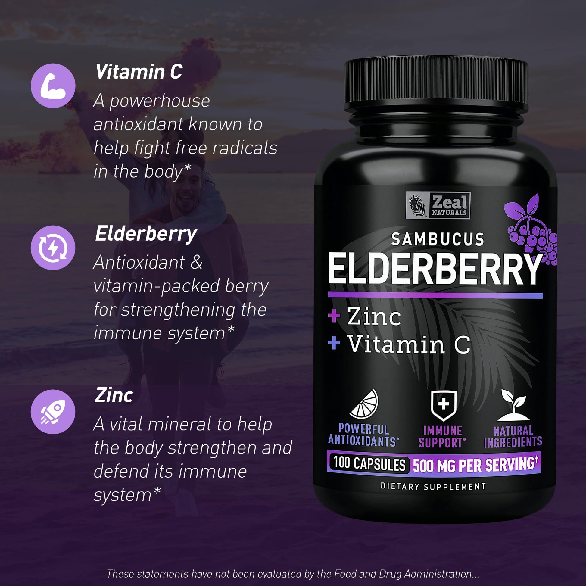 Back label of Zeal Naturals Sambucus capsules showing vitamin C and zinc nutritional values.