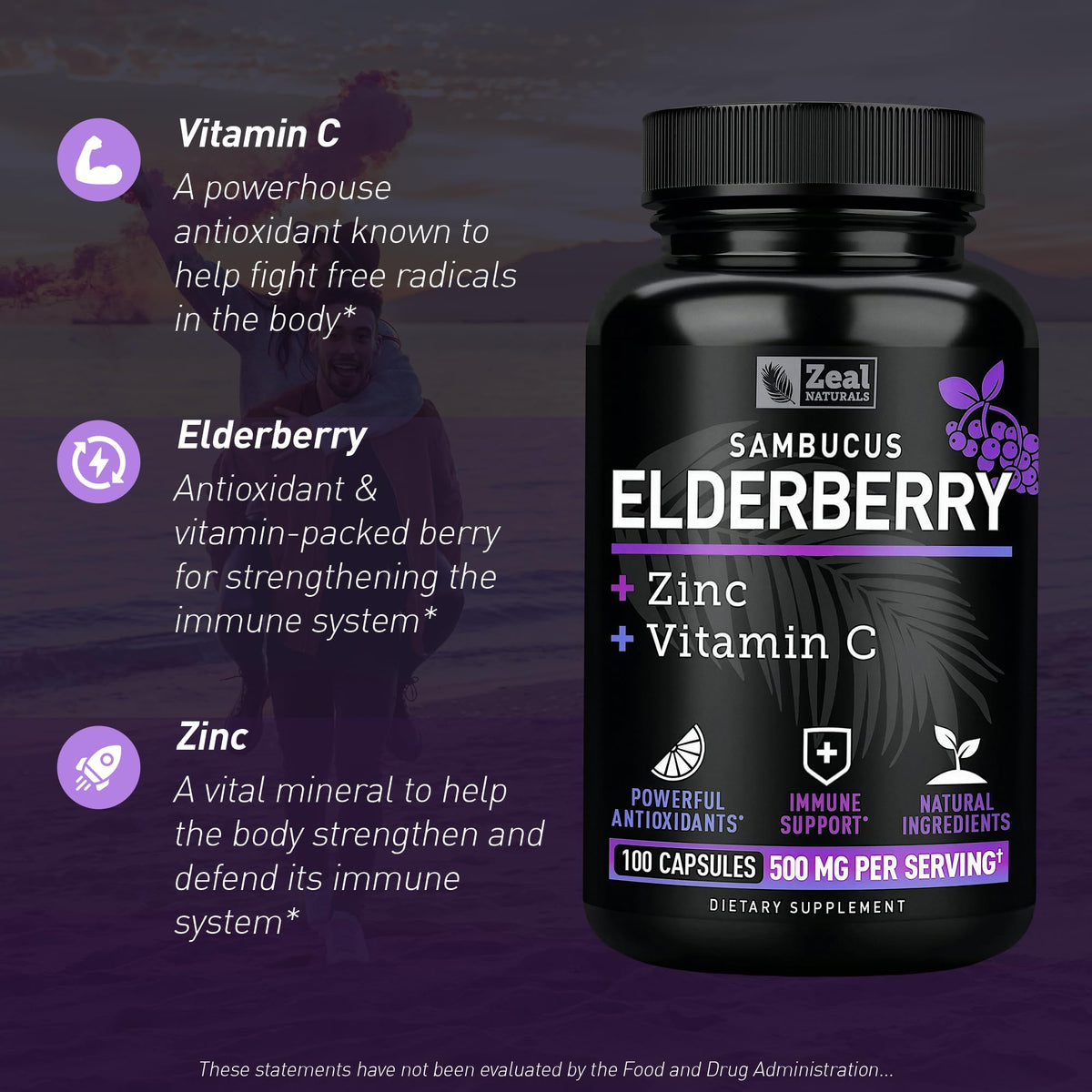 Back label of Zeal Naturals Sambucus capsules showing vitamin C and zinc nutritional values.