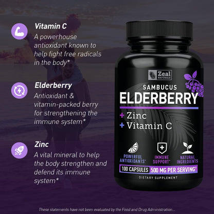Back label of Zeal Naturals Sambucus capsules showing vitamin C and zinc nutritional values.