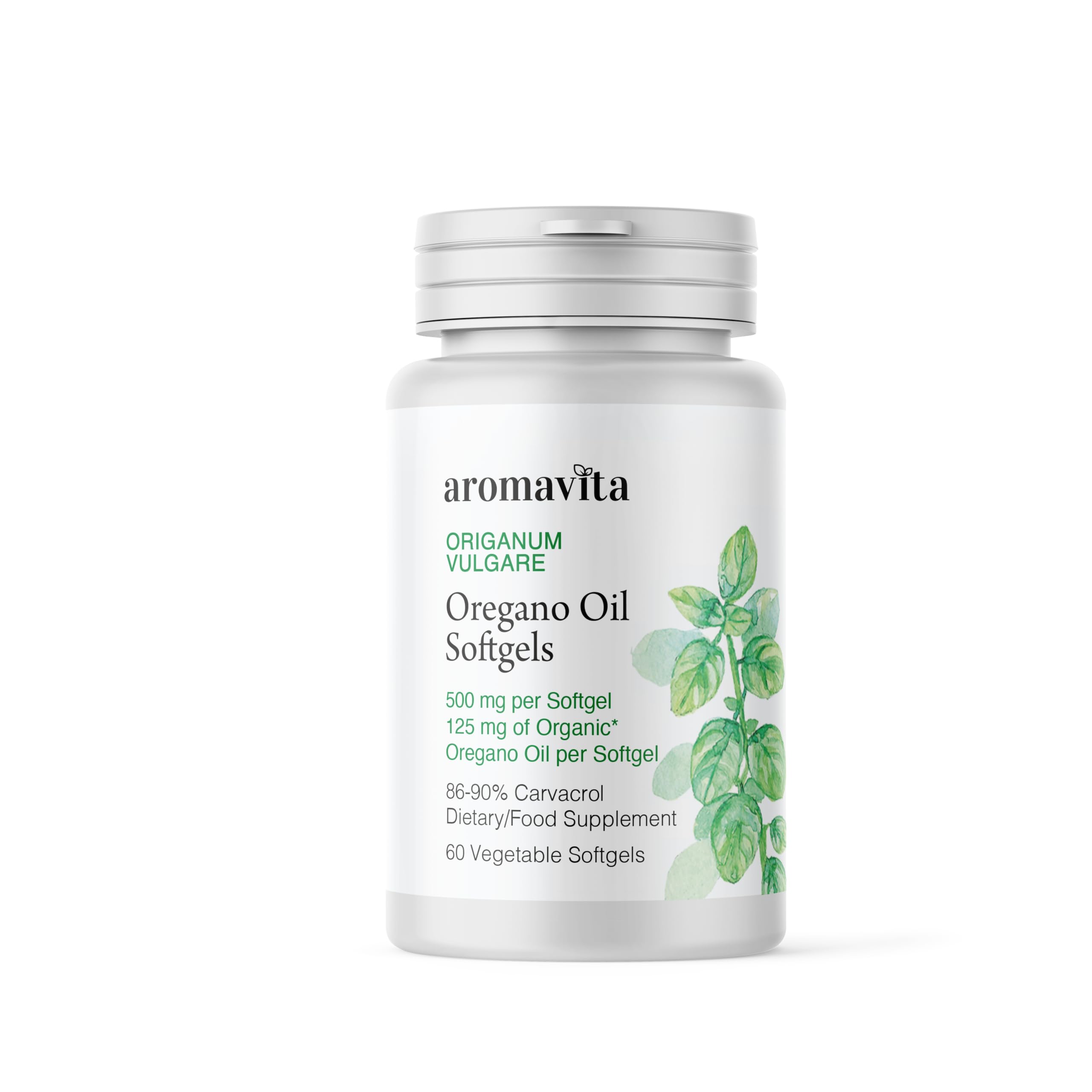 AROMAVITA wild Greek oregano herb supplement sixty vegetable softgels packaging layout