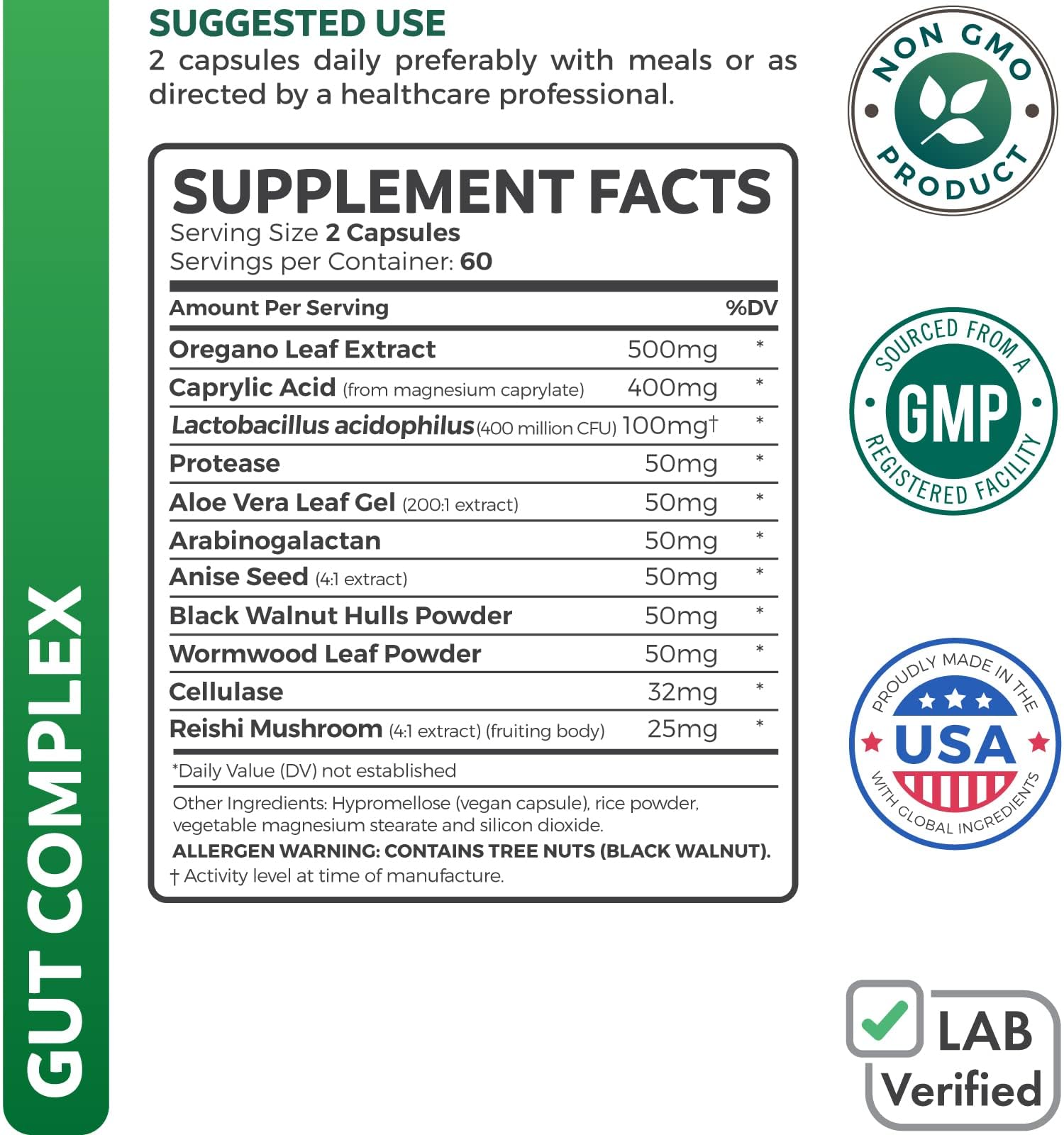 Healths Harmony Candida Complex bottle highlighting the caprylic acid and oregano oil ingredients.