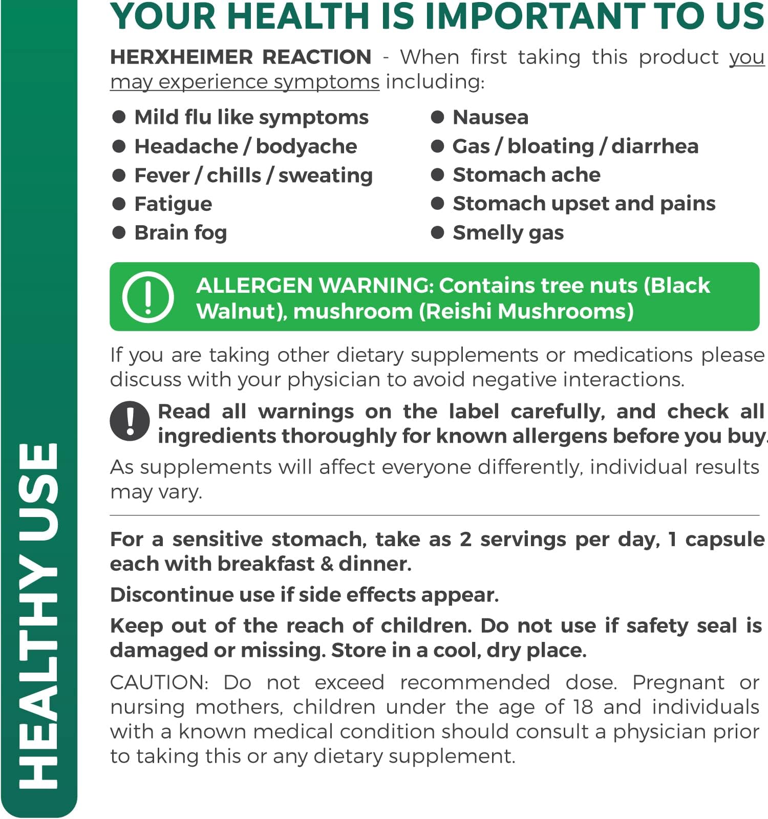 Side angle view of Healths Harmony intestinal supplement demonstrating USA imported authenticity.