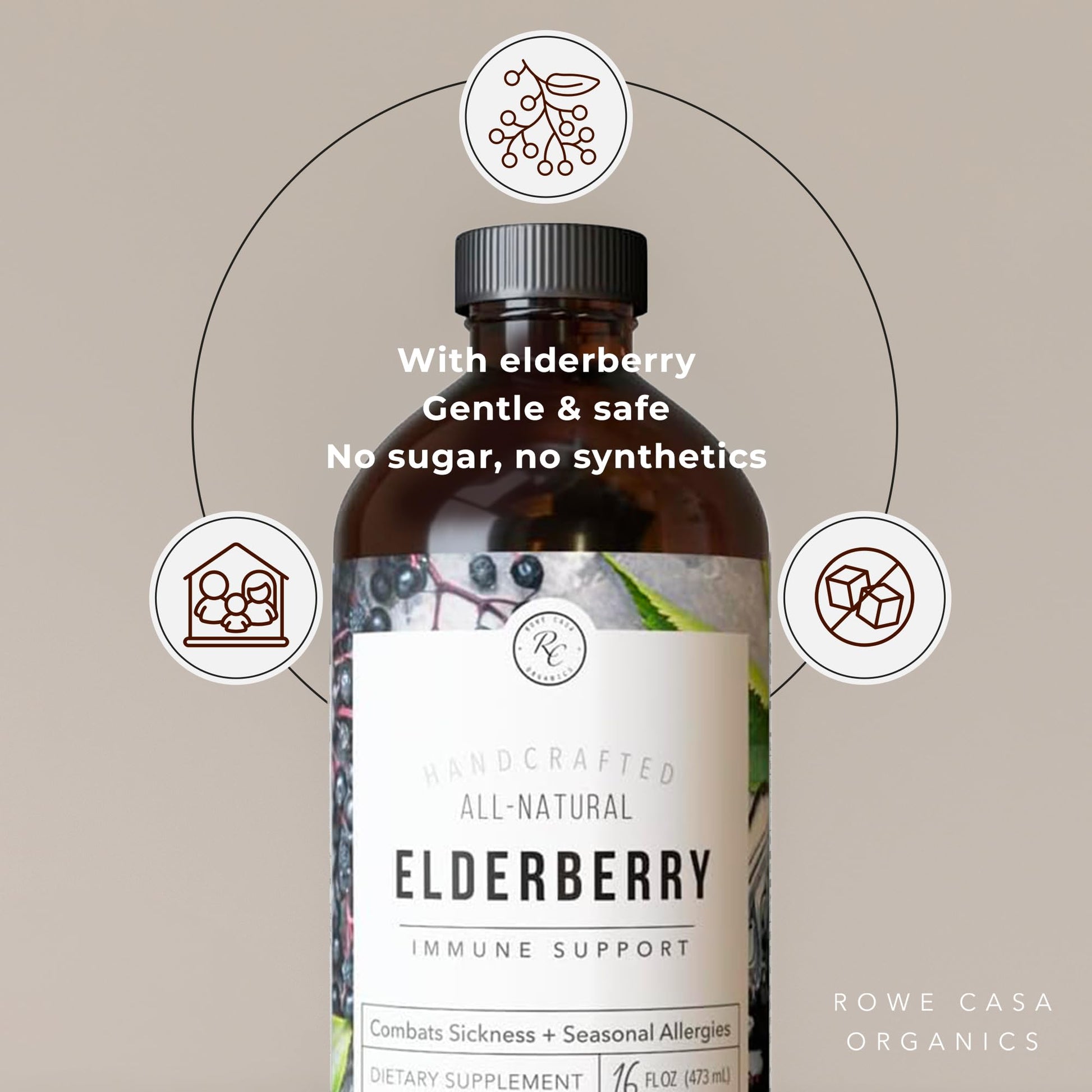 Rowe Casa Organics black elderberry syrup with zinc and vitamin C ingredient label close up