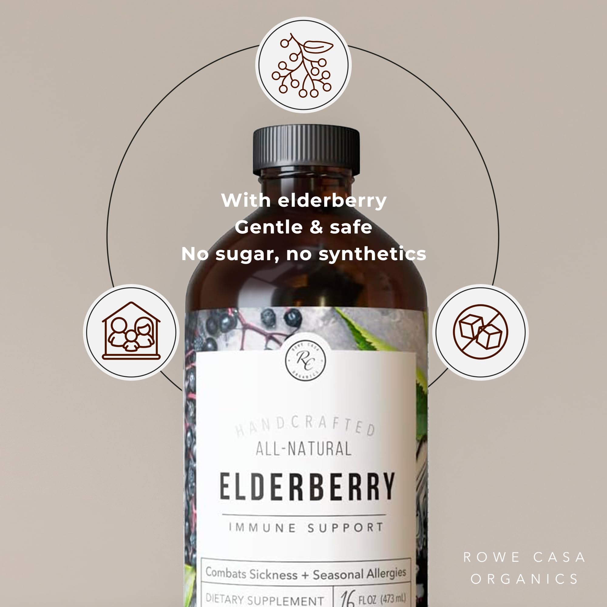 Rowe Casa Organics black elderberry syrup with zinc and vitamin C ingredient label close up