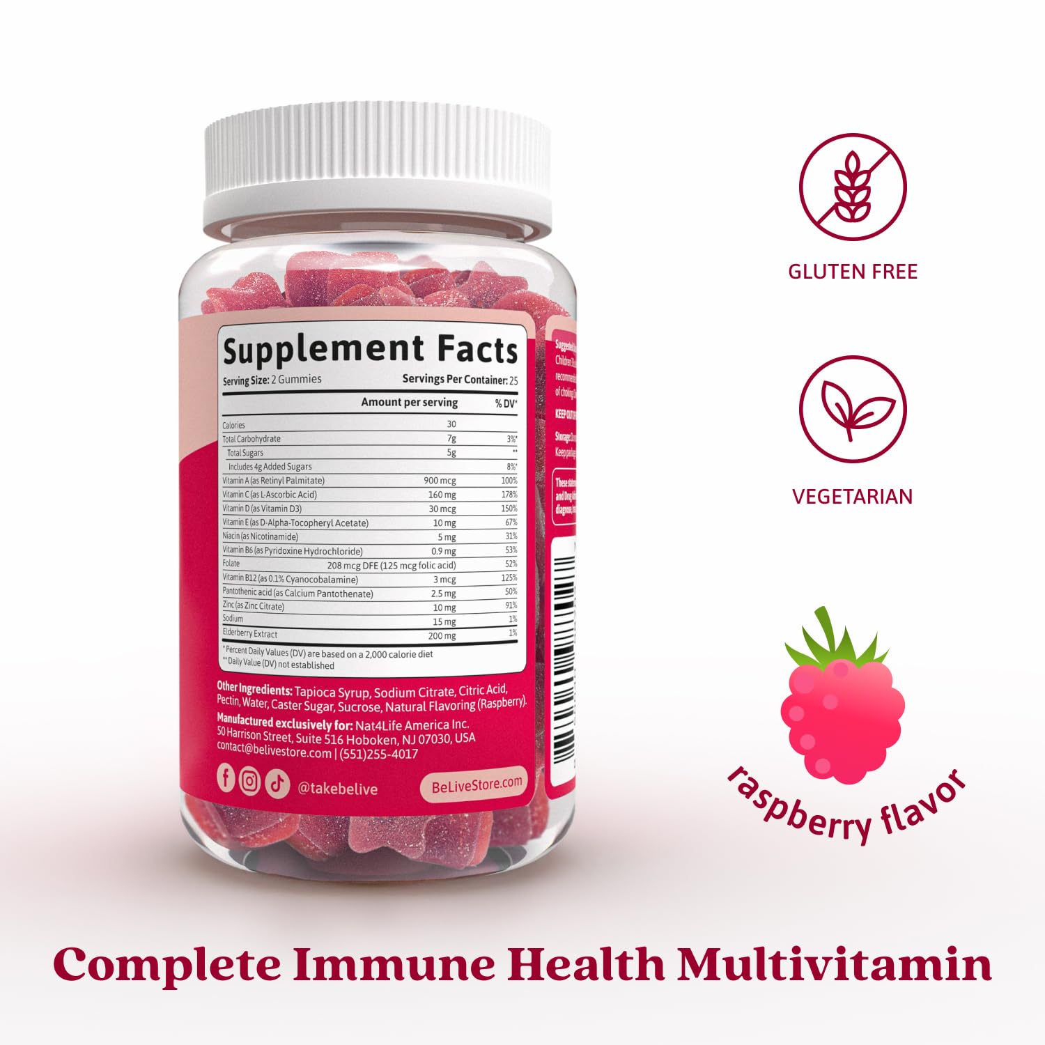 BeLive nutritional supplements displaying raspberry flavor details and serving information