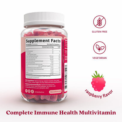 BeLive nutritional supplements displaying raspberry flavor details and serving information