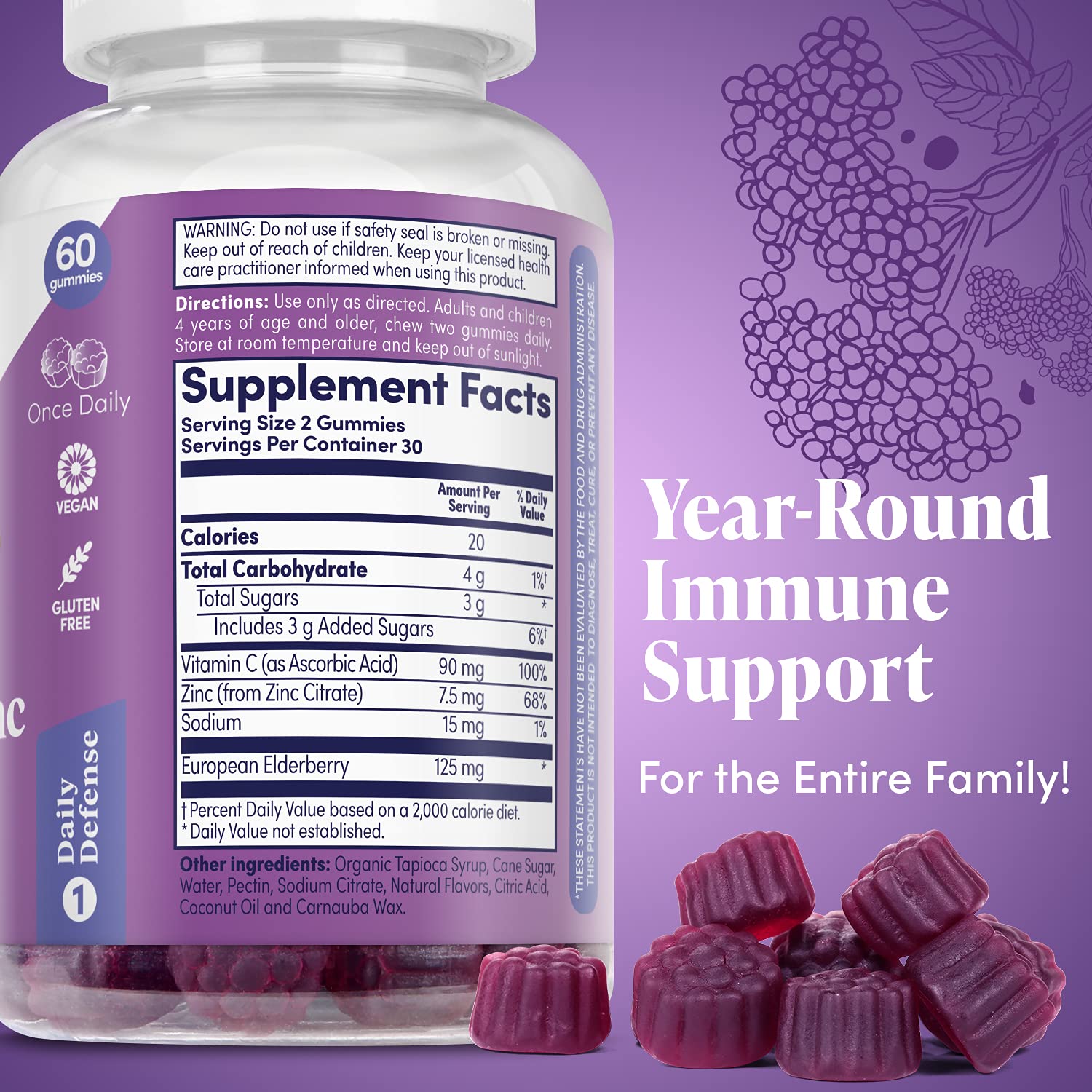 Close up of Zand mixed berry flavored elderberry vegan gummies for seasonal health defense.