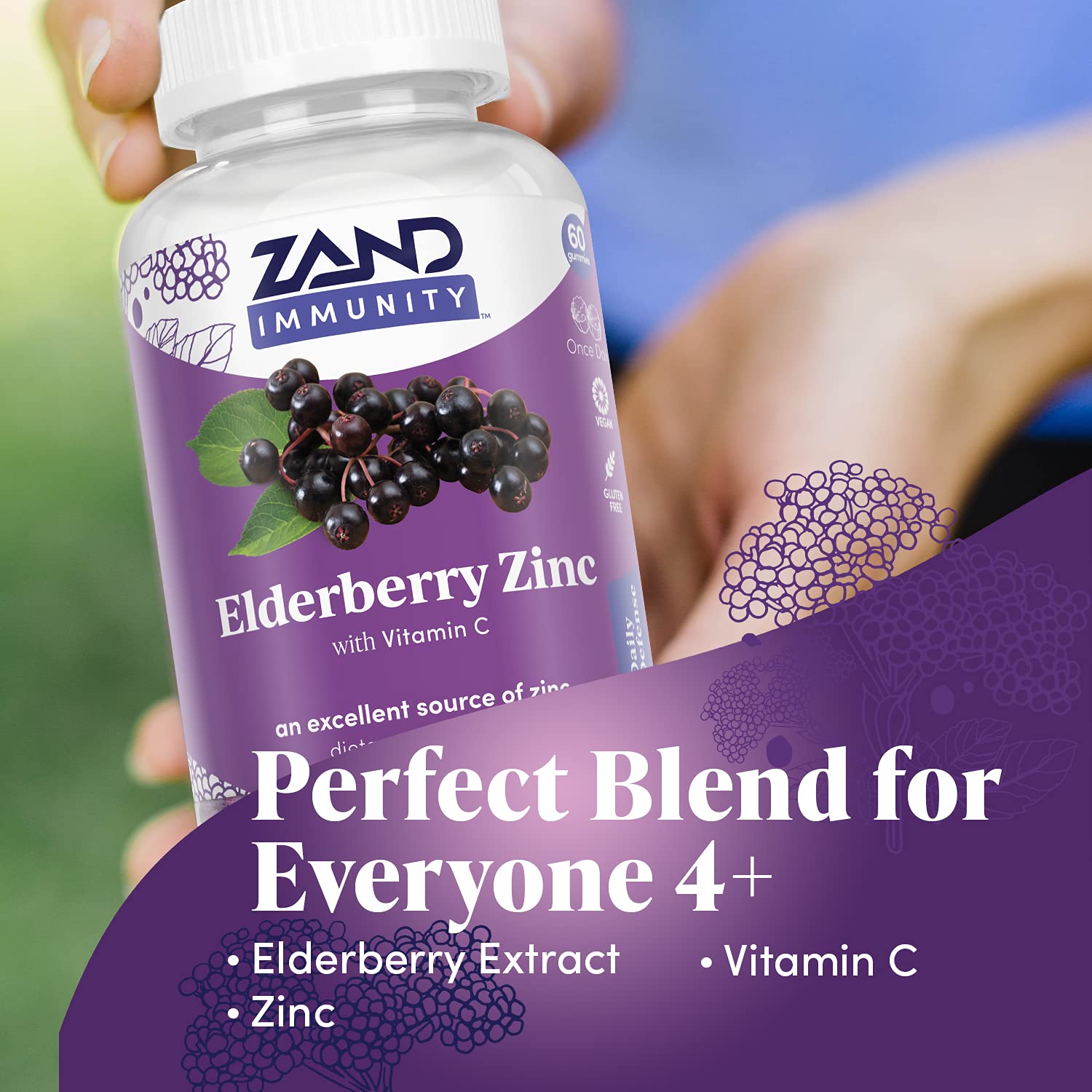 Supplement facts label on the back of Zand Elderberry Zinc bottle showing vitamin C ingredients.
