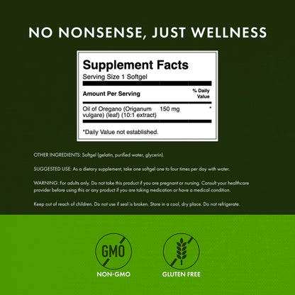 Swanson Premium Oregano Oil capsule size and 10:1 extract strength information