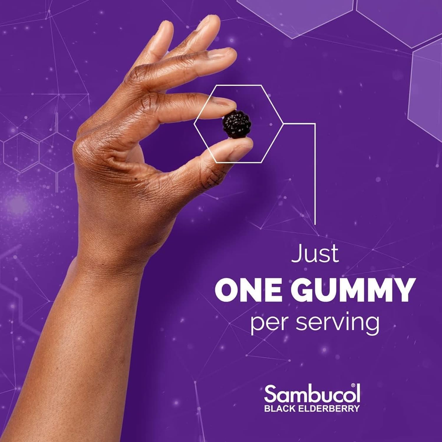 Sambucol advanced elderberry immune supplement bottle showcasing clean vegan ingredients for children.