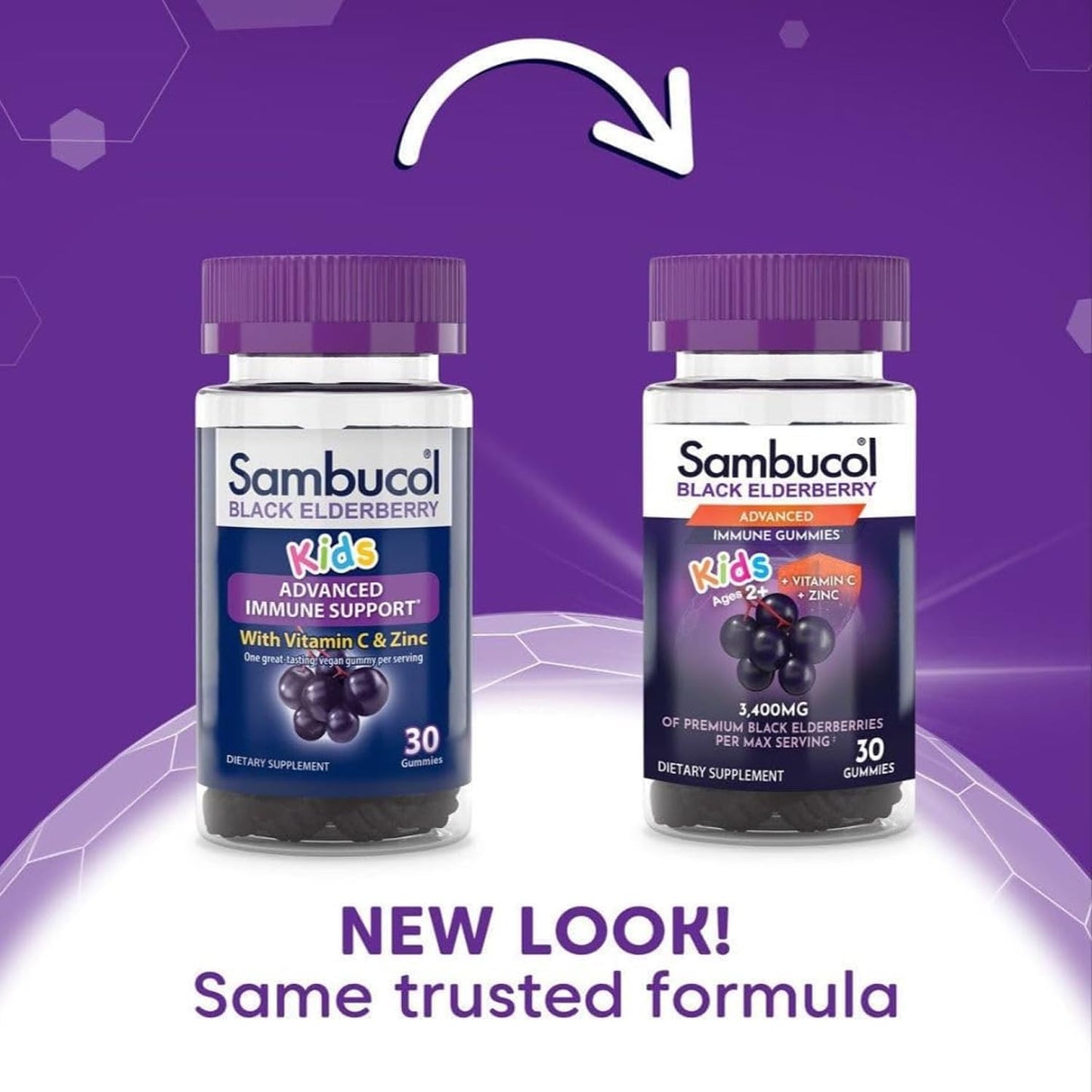 Back label of Sambucol kids elderberry gummies showing vitamin c and zinc supplement facts.