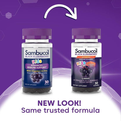Back label of Sambucol kids elderberry gummies showing vitamin c and zinc supplement facts.