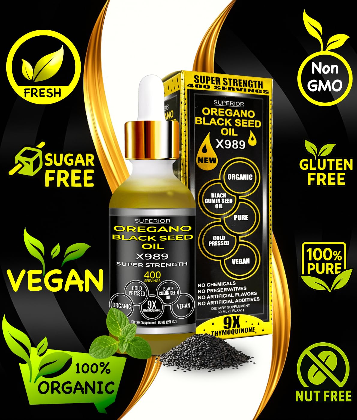 Premium Mediterranean oregano and black cumin seed oil liquid dropper bottle close up