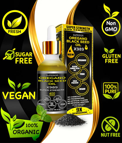 Premium Mediterranean oregano and black cumin seed oil liquid dropper bottle close up