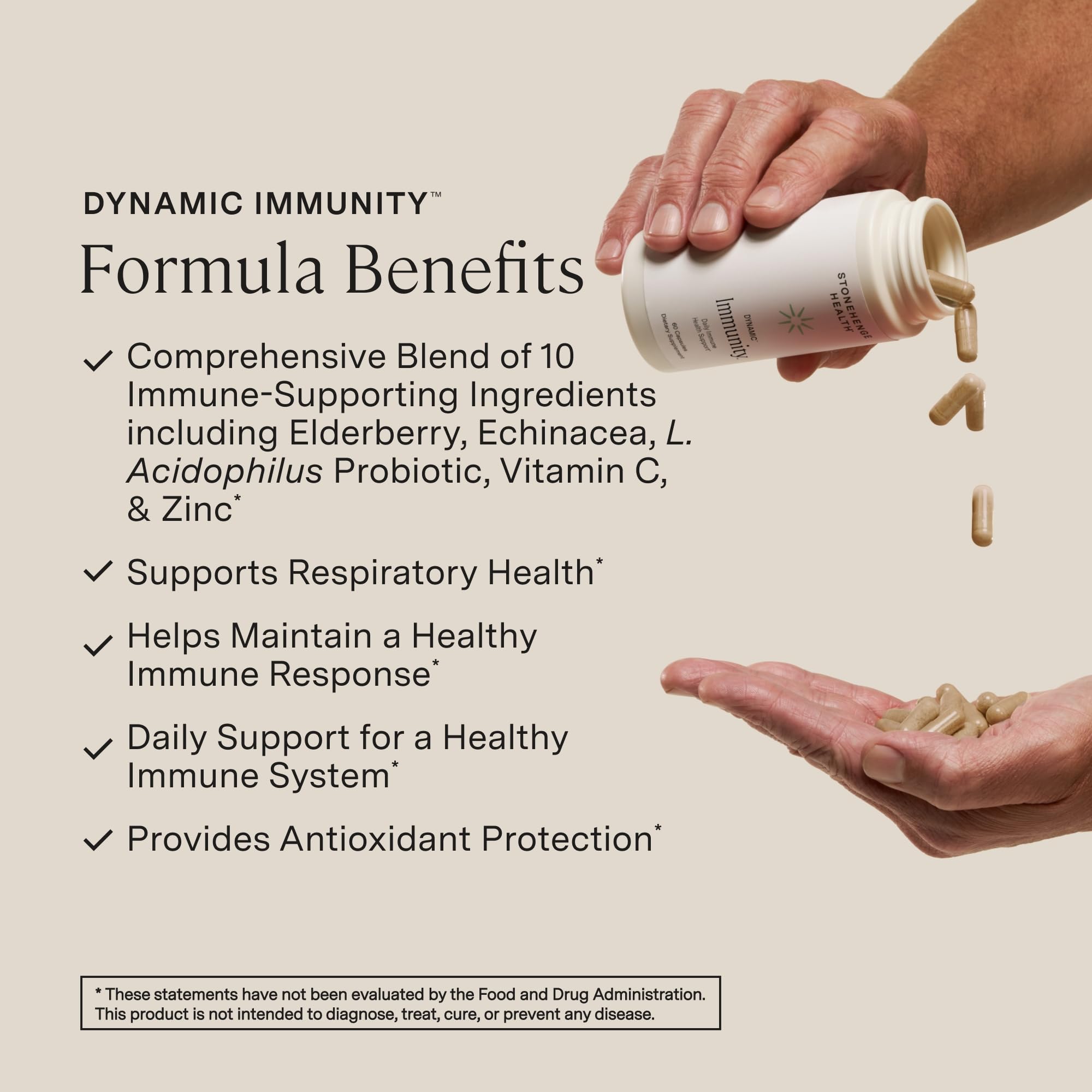 Stonehenge Health 10 in 1 immune booster supplement label showing facts and ingredients