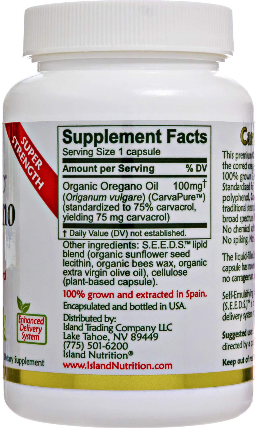 Back label of organic oregano oil capsules displaying ingredient list and carvacrol concentration