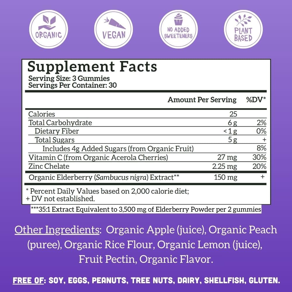 Side view of organic adult elderberry immunity bites showing nutrition facts with zinc and vitamin c.