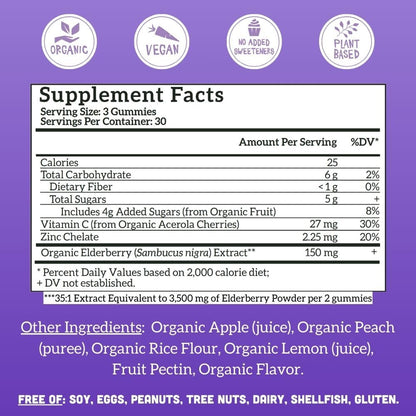 Side view of organic adult elderberry immunity bites showing nutrition facts with zinc and vitamin c.