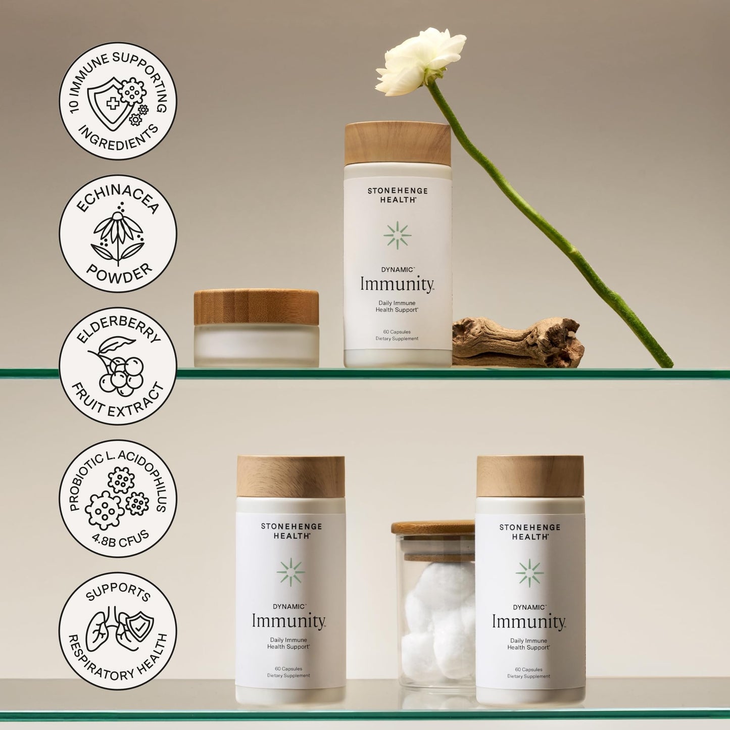 Side view of Stonehenge Health immunity booster showing daily consumption directions