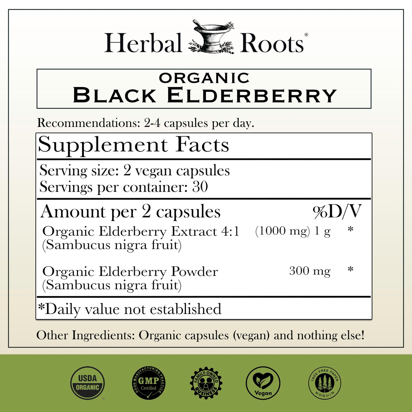 Herbal Roots organic Sambucus nigra immune support capsules supplement facts label.