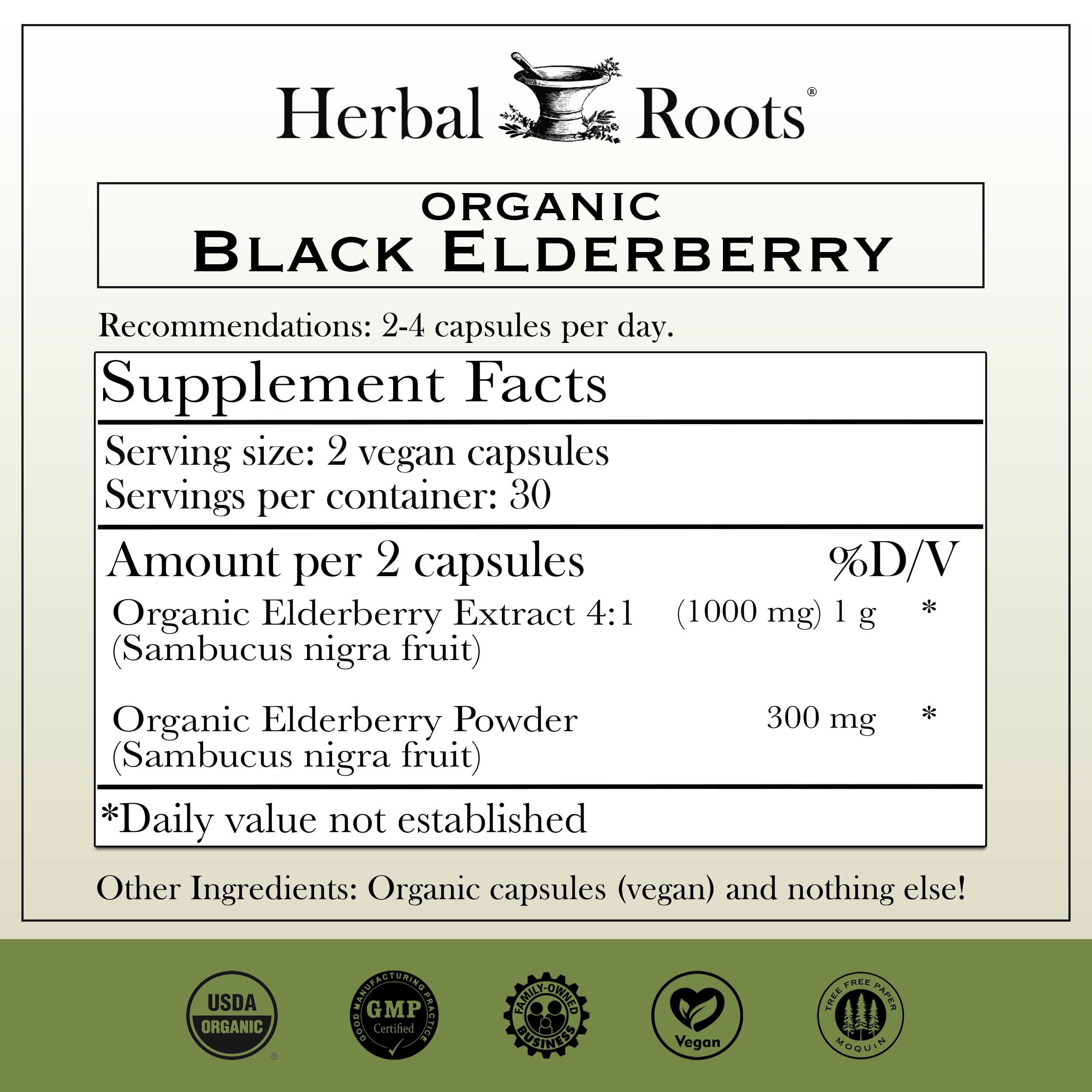 Herbal Roots organic Sambucus nigra immune support capsules supplement facts label.