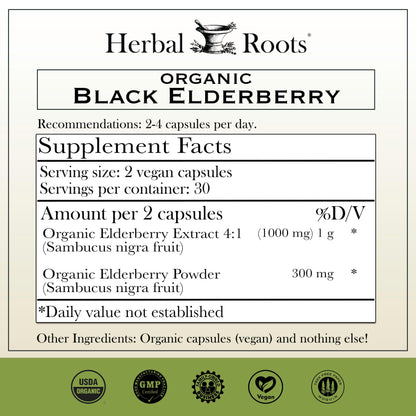 Herbal Roots organic Sambucus nigra immune support capsules supplement facts label.