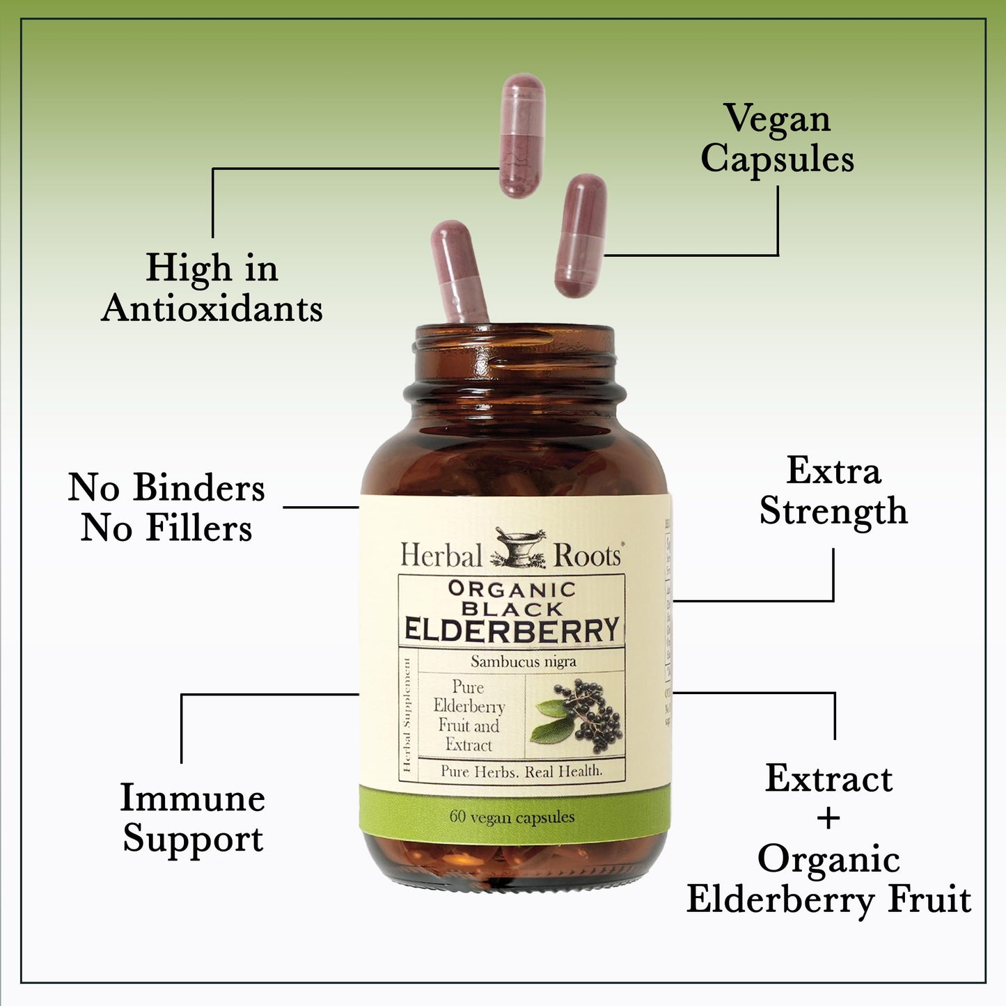 Herbal Roots clean formula vegan elderberry capsules showing filler free pure ingredients.
