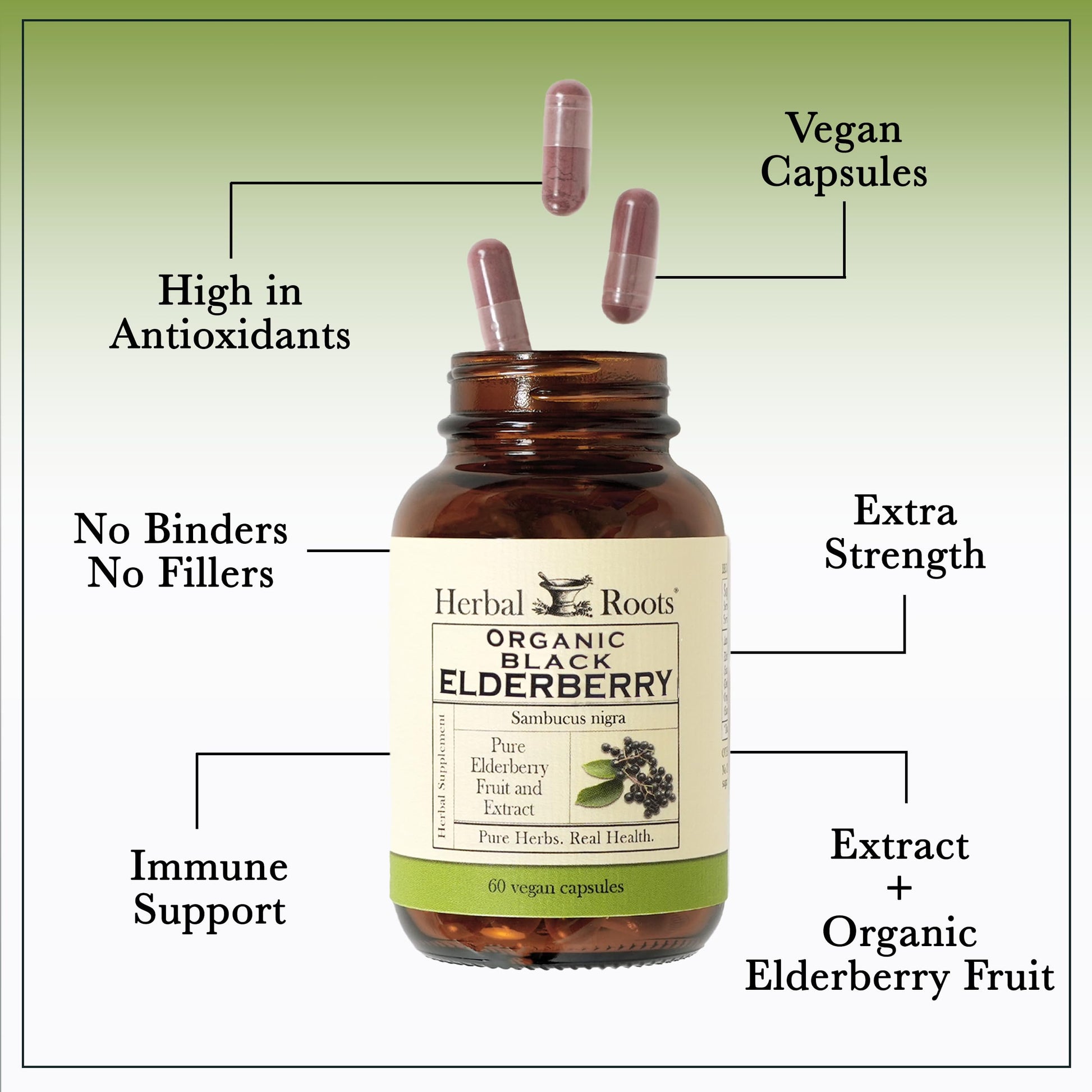 Herbal Roots clean formula vegan elderberry capsules showing filler free pure ingredients.