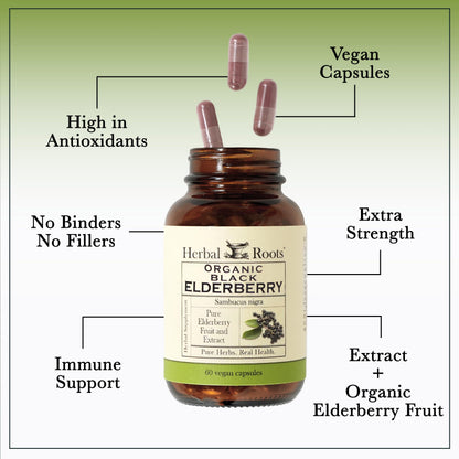 Herbal Roots clean formula vegan elderberry capsules showing filler free pure ingredients.