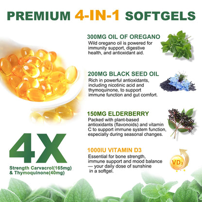 Obill NuTrance 4-in-1 oregano oil capsules nutritional facts and ingredient list label.