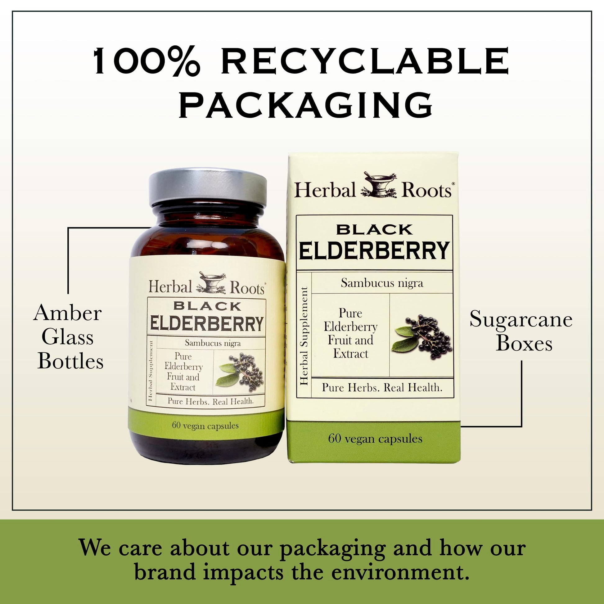 Eco friendly packaging of premium 4300 milligrams extra strength elderberry capsules.