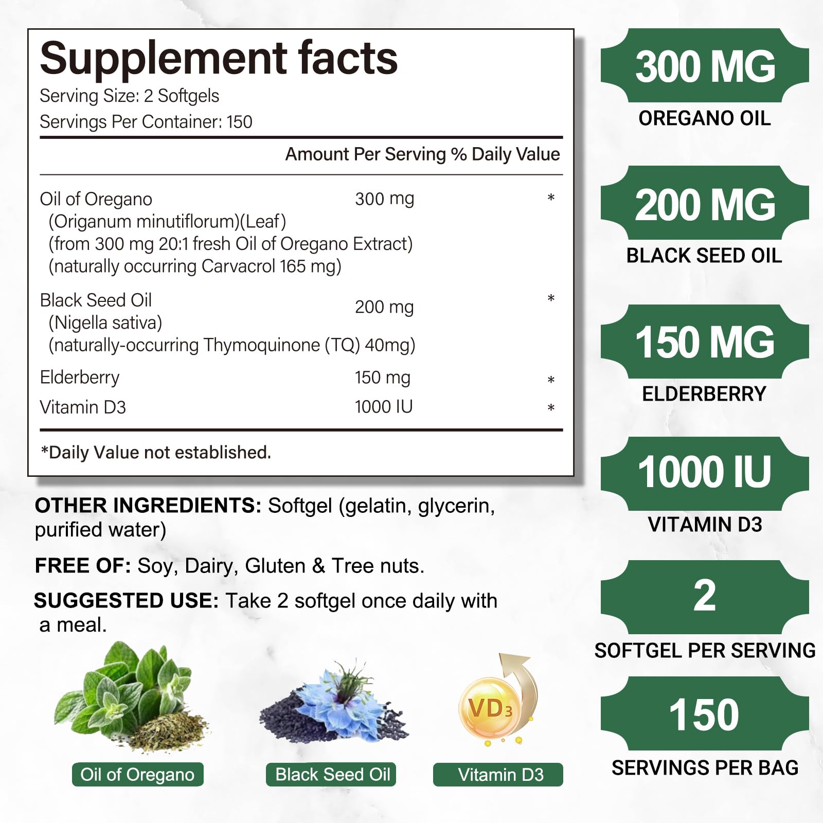 Side view of Obill NuTrance 300 count bottle highlighting gluten free and non GMO certifications.