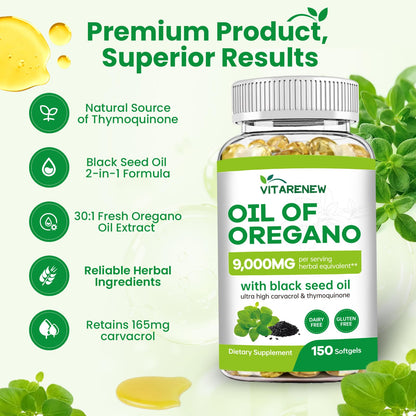 Vitarenew plant based oil of oregano capsules alongside premium black seed oil ingredient details
