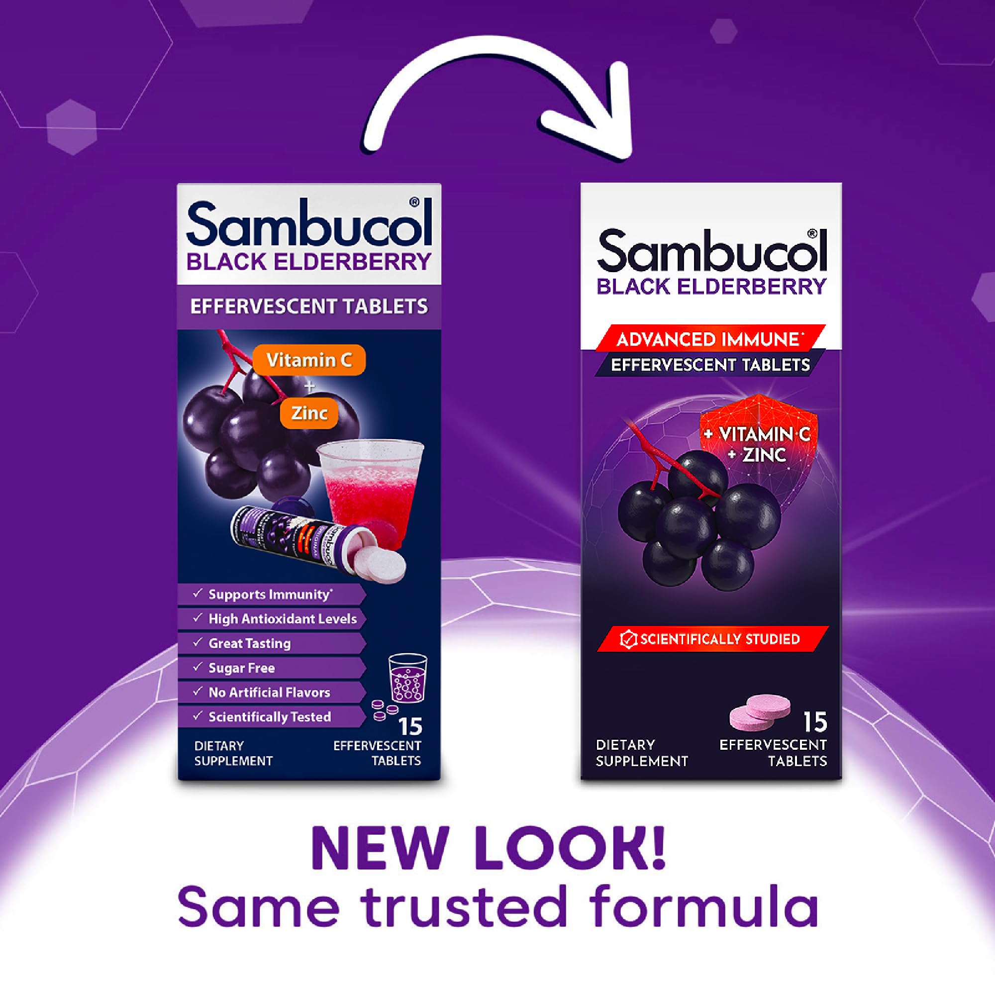 Sambucol antioxidant effervescent tablets showing supplement facts and ingredient list