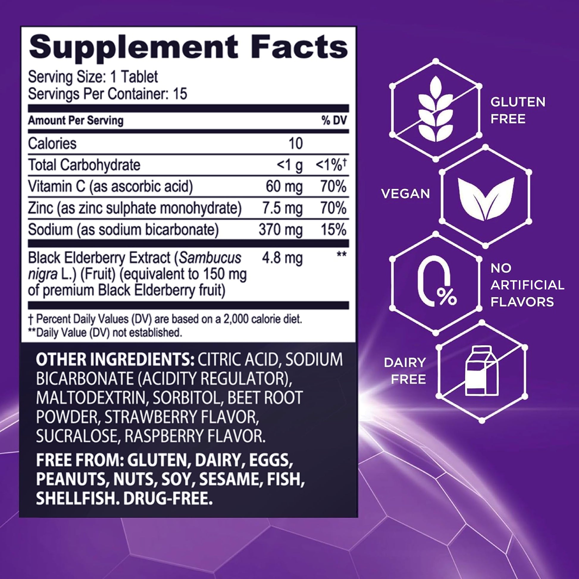 Sambucol elderberry dissolvable tablets with vitamin C and zinc side panel directions