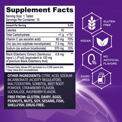 Sambucol elderberry dissolvable tablets with vitamin C and zinc side panel directions