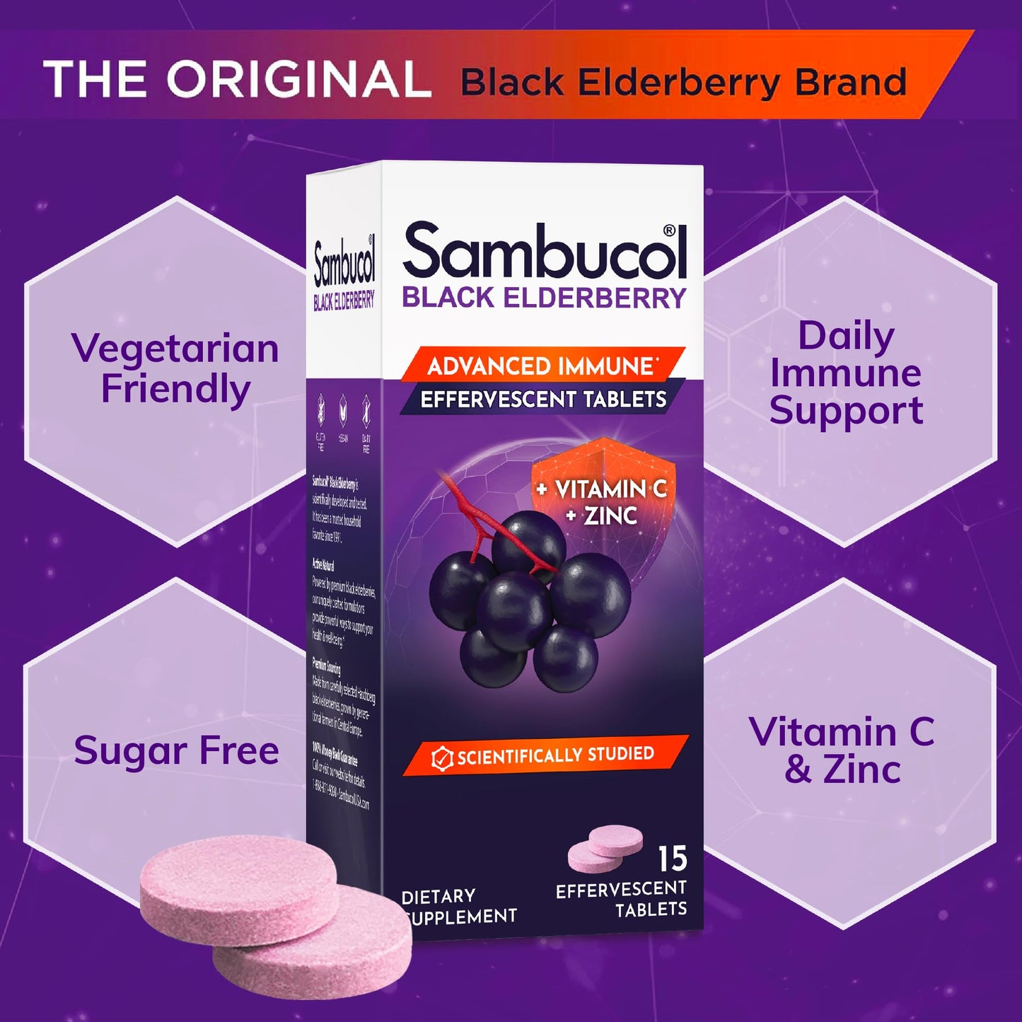 Authentic Sambucol black elderberry immune defense effervescent tubes top view