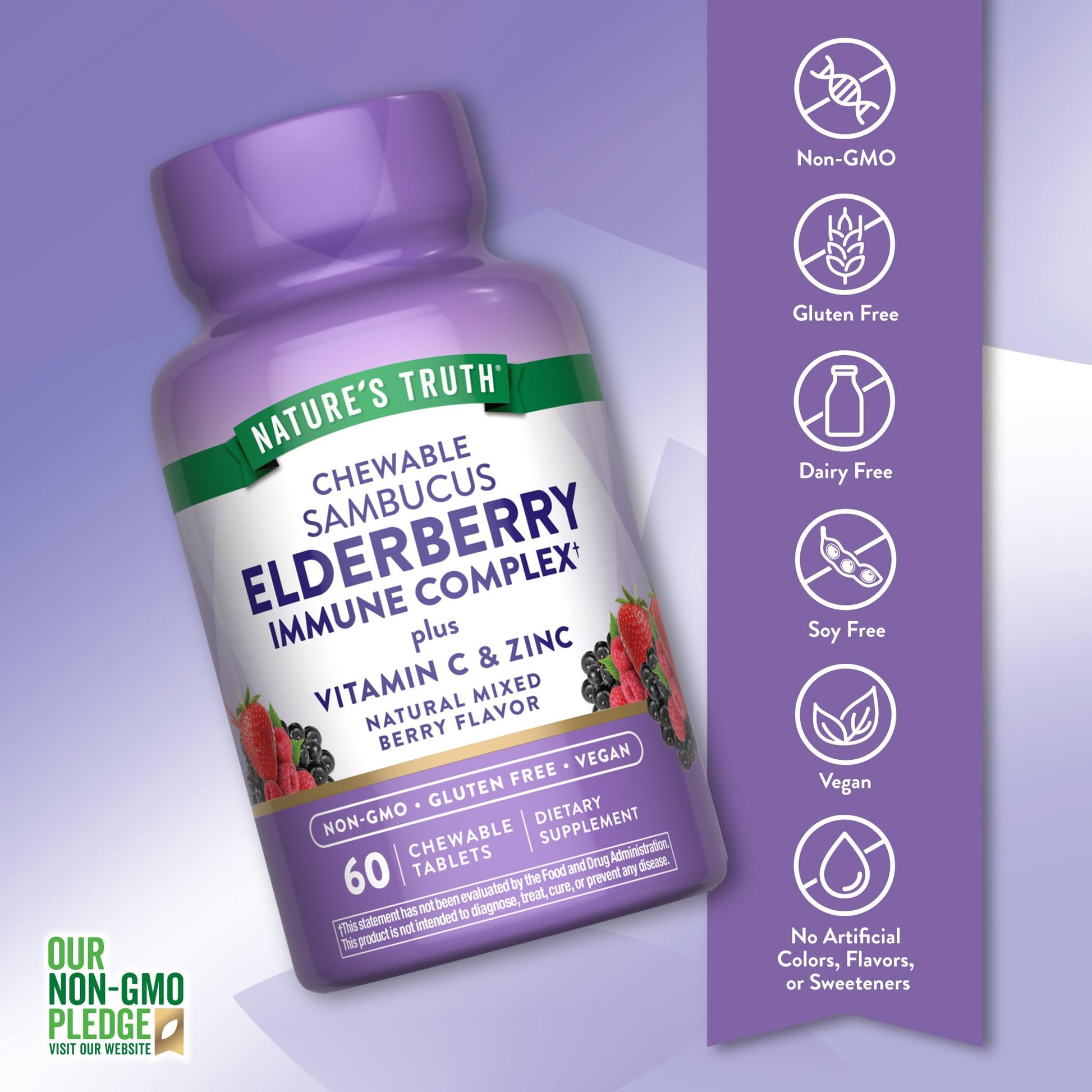 Side view of Nature's Truth mixed berry flavor immune support bottle showing vegan and non-GMO icons