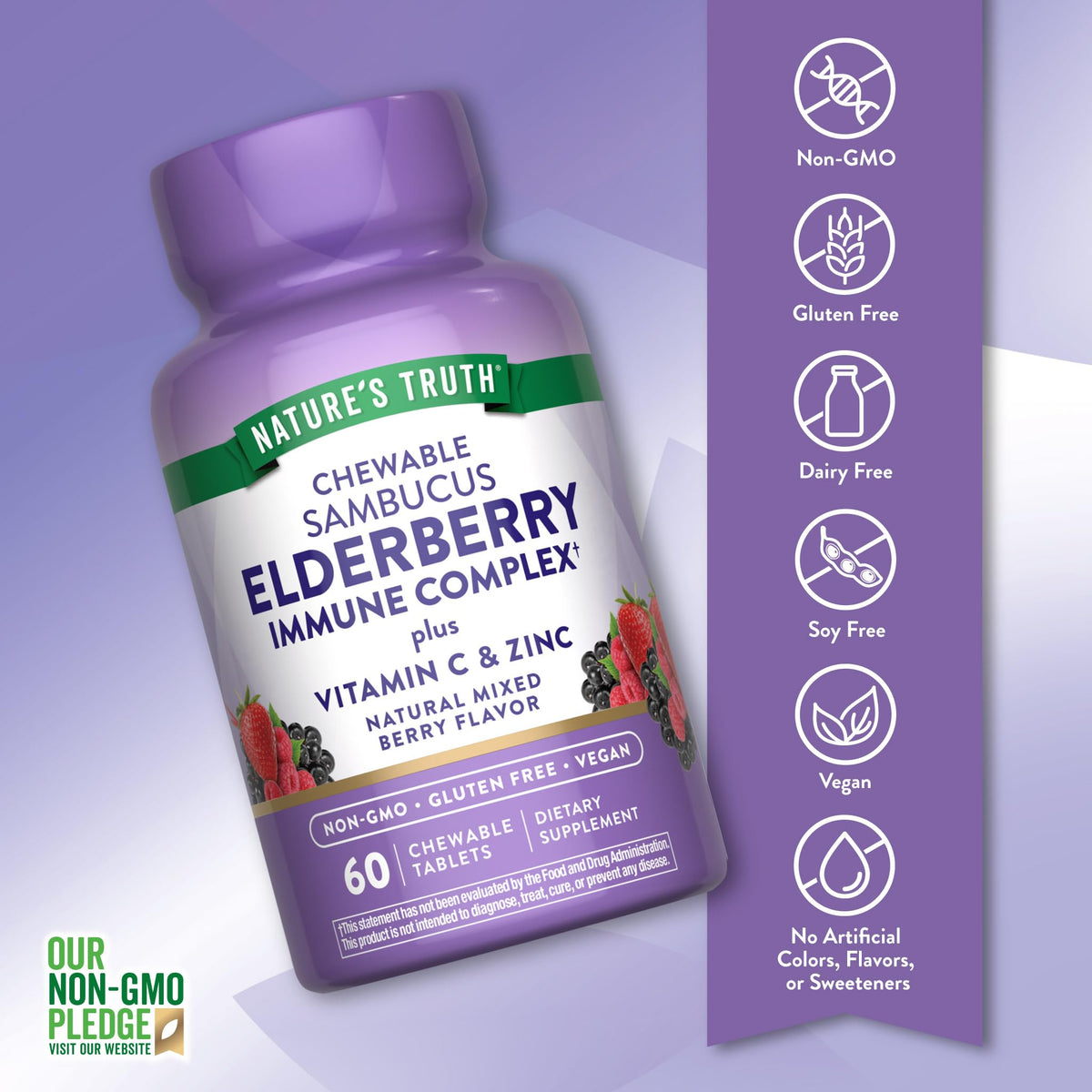 Side view of Nature's Truth mixed berry flavor immune support bottle showing vegan and non-GMO icons