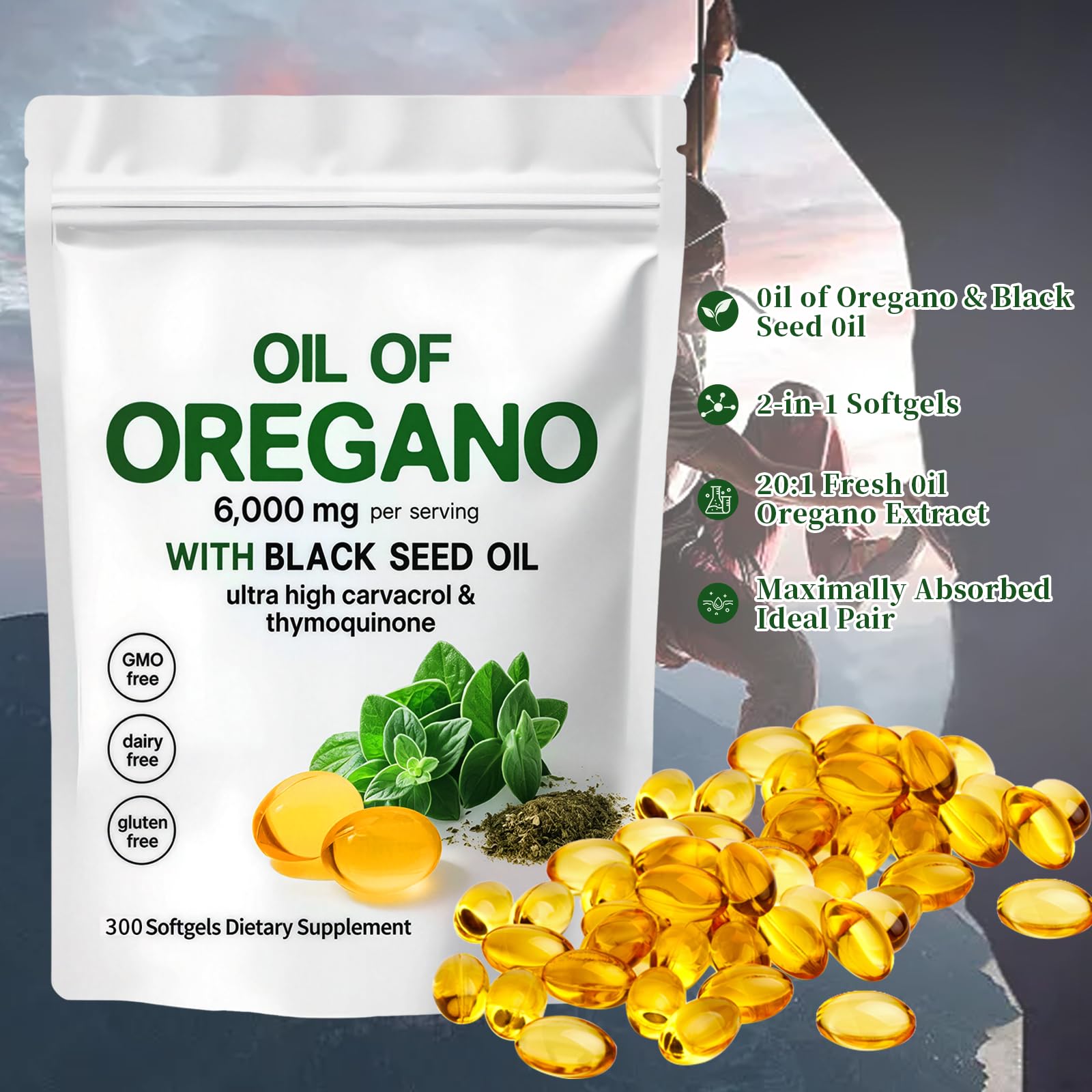 Non-GMO and gluten-free wild oregano oil 300 softgels bottle from YATIME wellness brand.