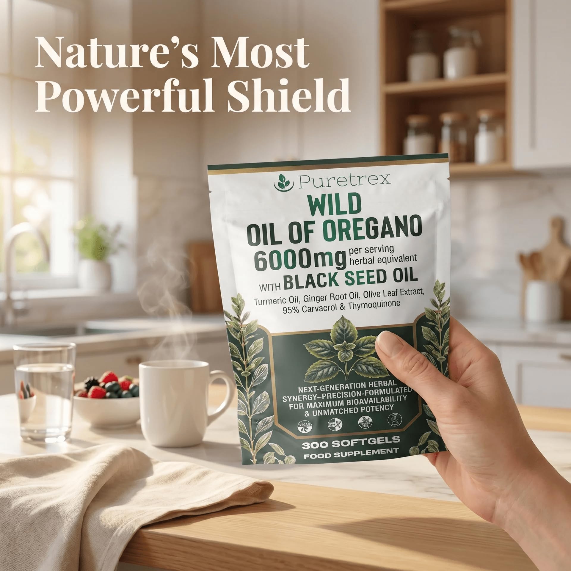 PURETREX Wild Oil of Oregano capsule supplement supplement facts label displaying carvacrol and black seed oil ingredients