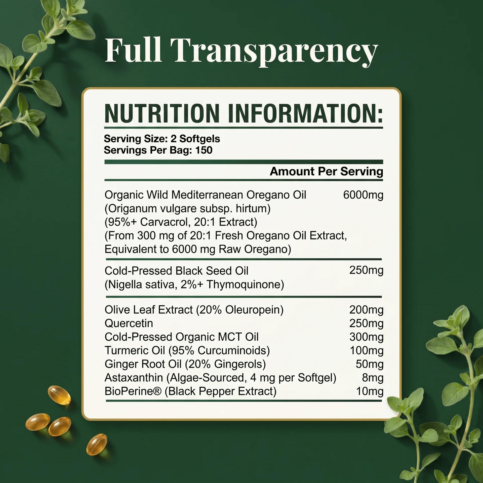 Full range product shot of PURETREX wild oil of oregano 6000mg showing authentic seal and premium packaging details