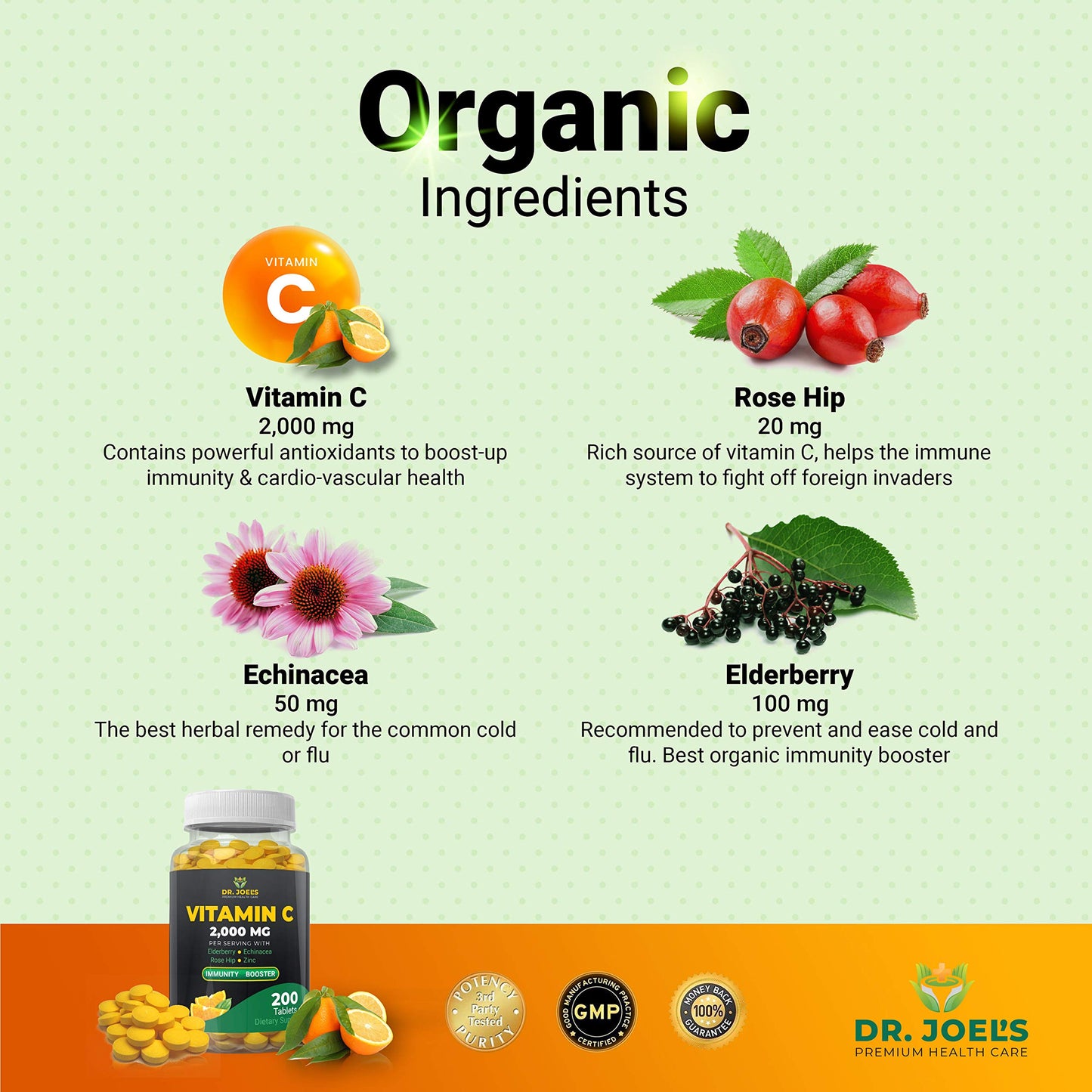 Side view of Dr. JOEL'S 200 vegetarian tablets packaging with USA manufacturing details.