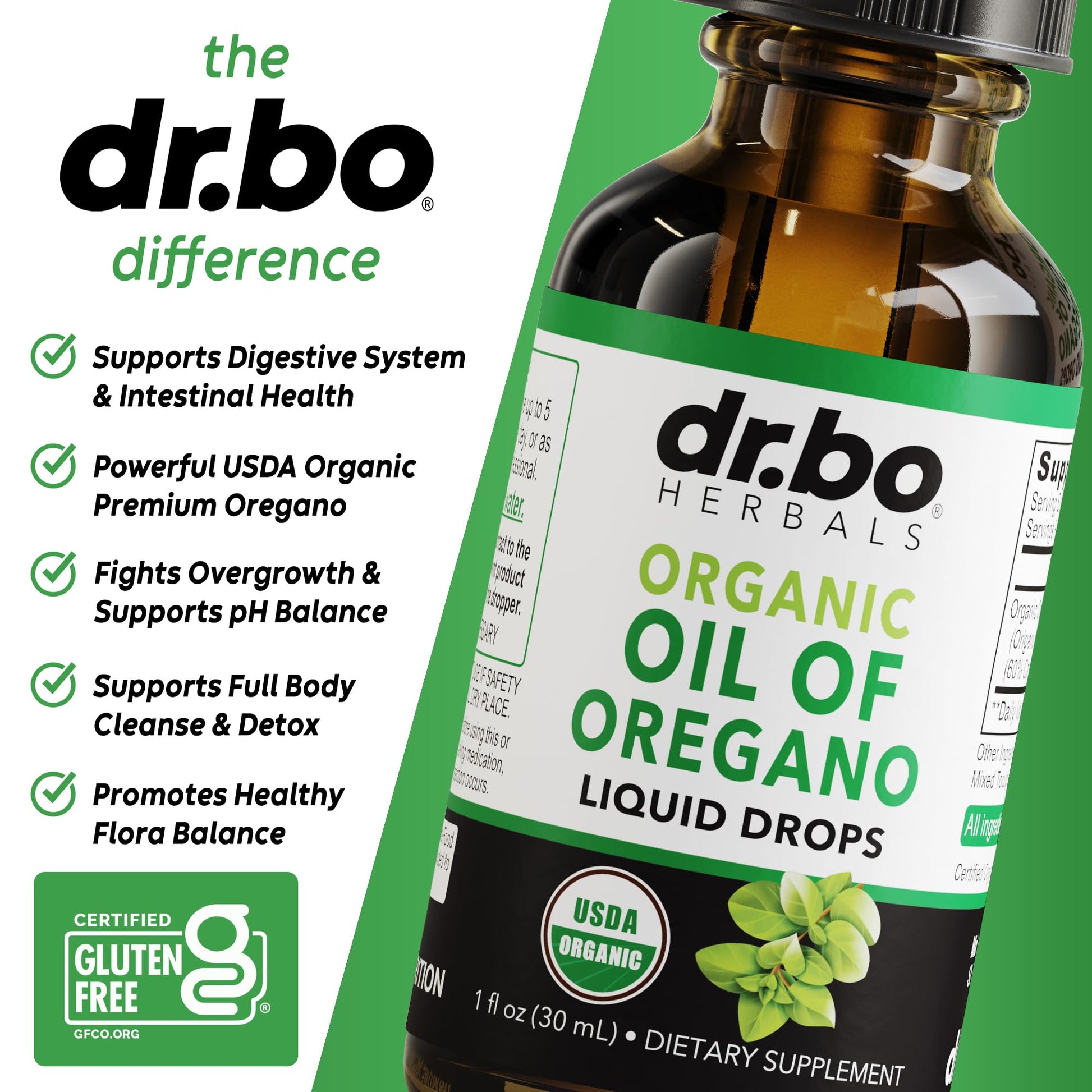 Dr. Bo Organic Oregano Oil liquid dropper bottle for digestive health detox