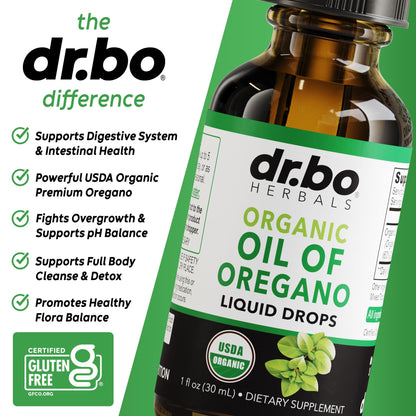 Dr. Bo Organic Oregano Oil liquid dropper bottle for digestive health detox